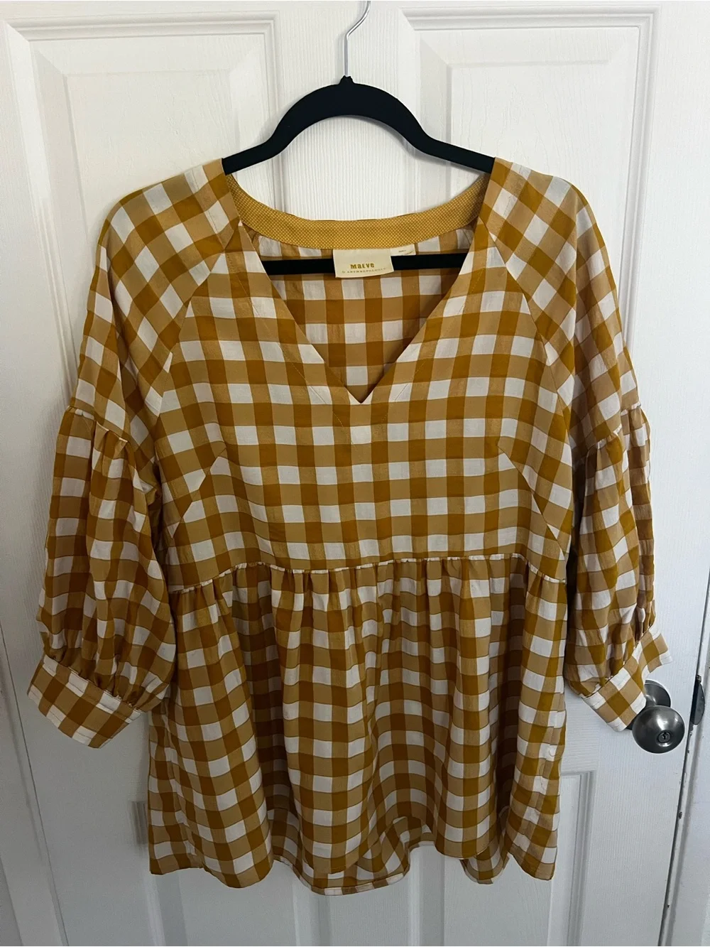 Anthropologie‎ Maeve Mustard and White Gingham Top